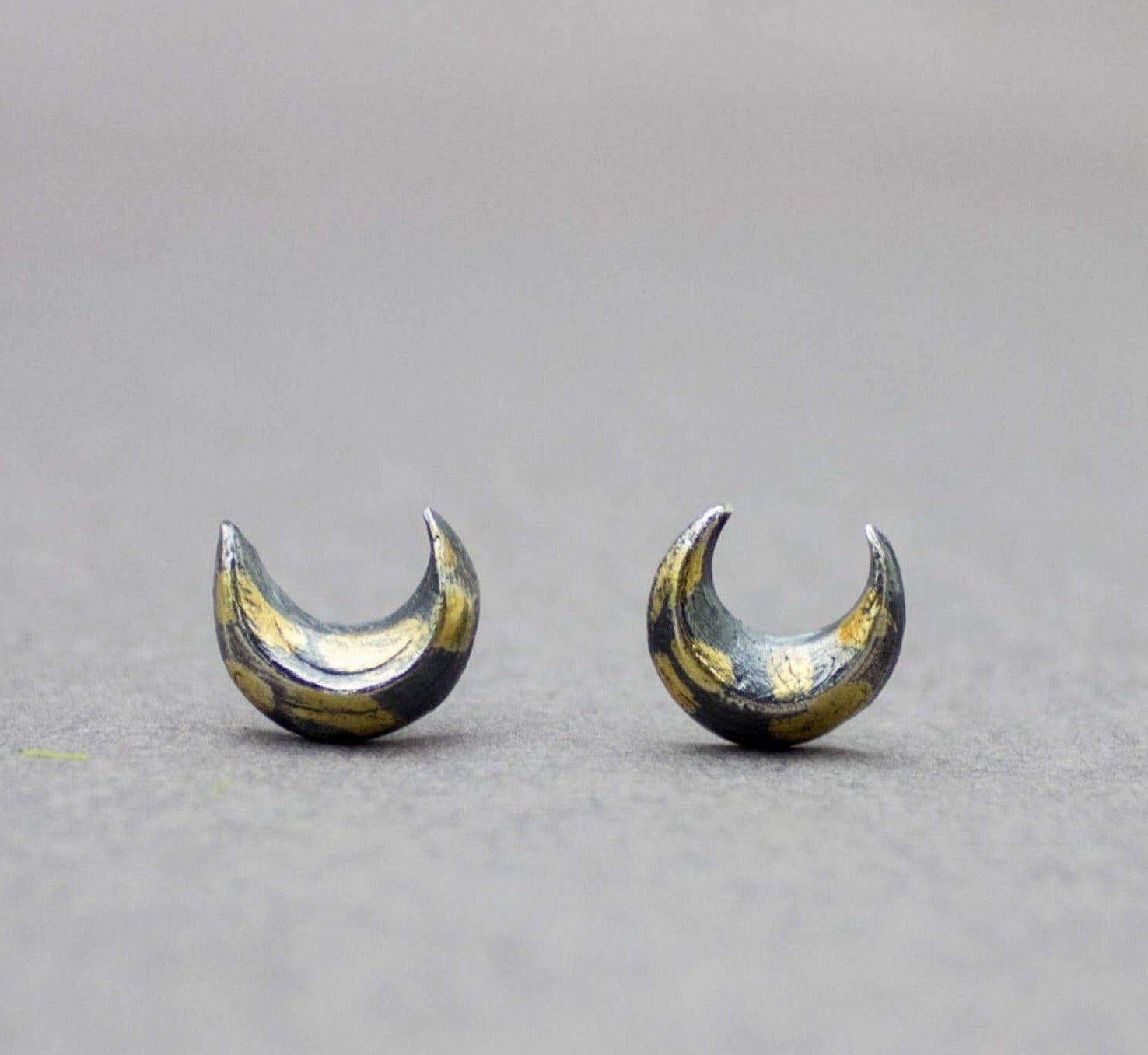 Crescent Moon Stud Earrings Fine and Sterling Silver and 22k Gold