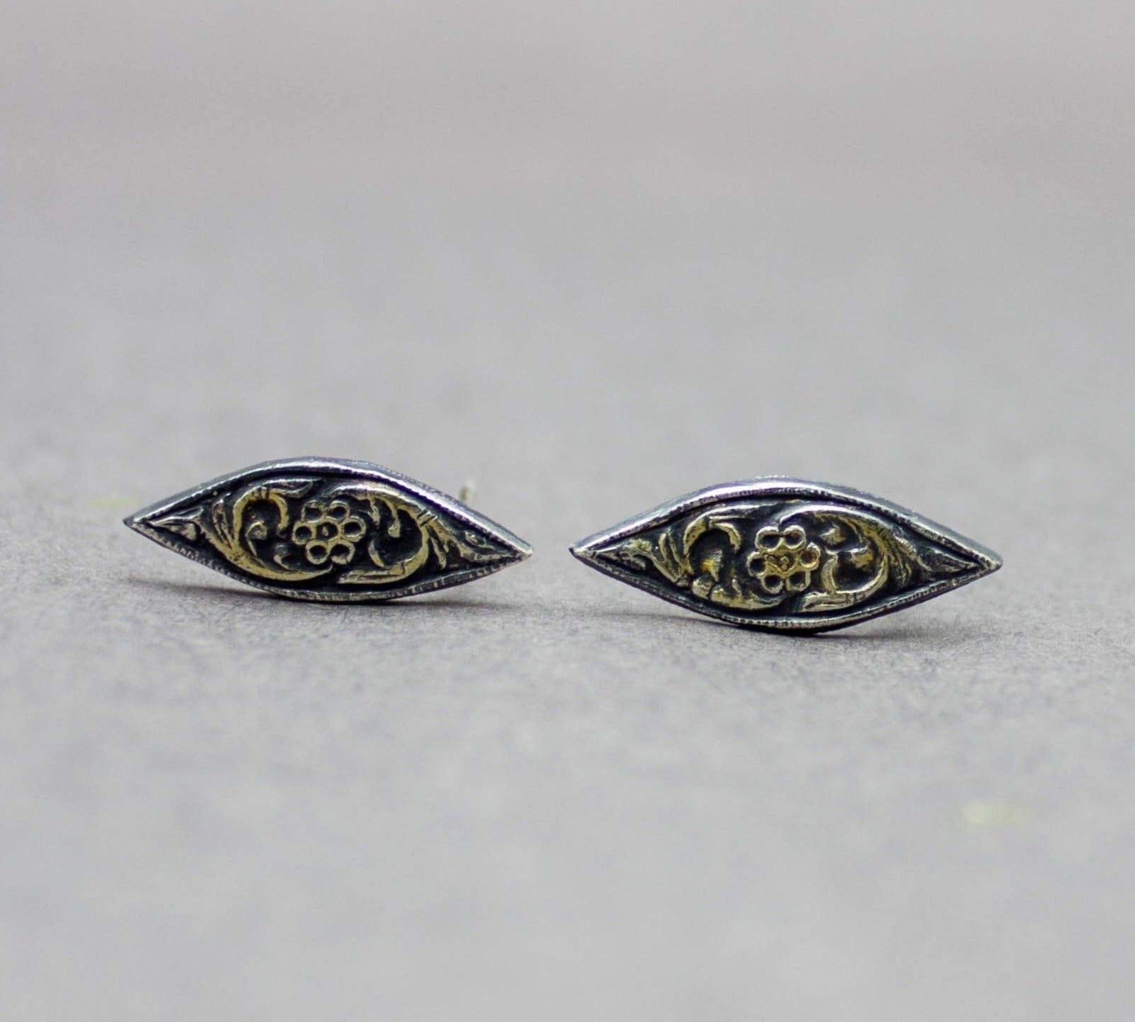 Marquis Flower Stud Earrings Fine and Sterling Silver and 22k Gold